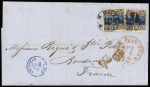 1869 Pictorial 15c, type II, two examples tied by W.