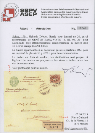 1900-03 30C braun auf 5C grün Streifenband, rekommandiert