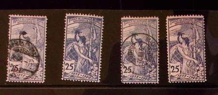 25C blau, vier Marken mit Abart "gebrochene Wertschild",