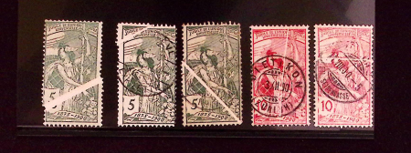 QUETSCHFALTE : Fünf Marken (3X5C und 2X10C) je mit