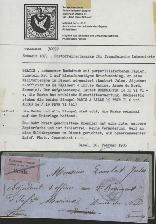 1871 "Gratis" - Etikette für die Internierten der französischen