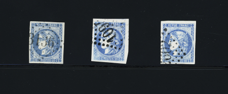 N°46A 20 c bleu en 3 ex, obl GC 3136 (Riez, Basse-Alpes),