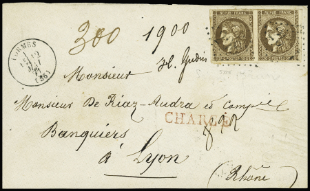 N°47 30c brun, OBL GC 2086 + T16 Lorme (1871) sur devant