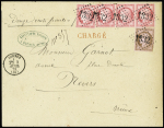 N°57, 80c rose, bande de 3 + n°58 OBL GC 1332 + T16 Dornes (1873) sur lettre chargée pour Nevers (VD 1200F). TB