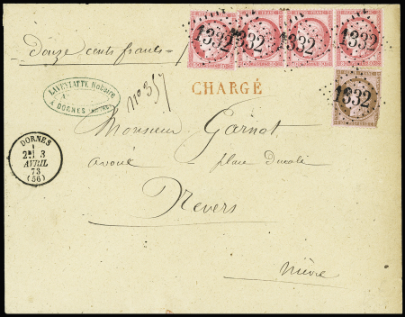 N°57, 80c rose, bande de 3 + n°58 OBL GC 1332 + T16 Dornes (1873) sur lettre chargée pour Nevers (VD 1200F). TB