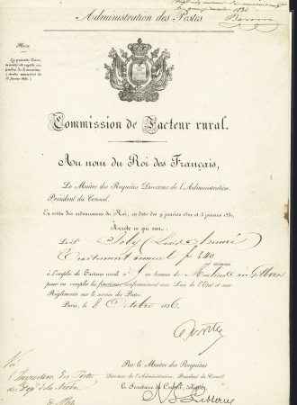Commission de facteur rural du sieur Louis Honoré Joly au bureau de Moulins Engilbert (1836). Rare et TB