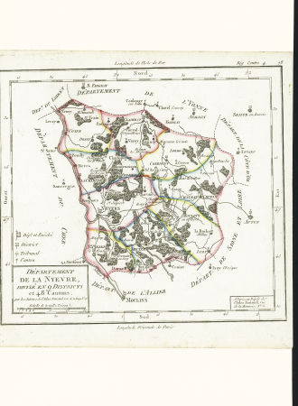 3 cartes géographiques anciennes différentes du département de la Nièvre (19e siècle). TB