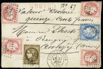 N°32, 3 pièces + 47 + 60 OBL GC 808 + T17 Cercy-la-Tour (1872) sur lettre chargée (VD 500F), bel AFF tricolore Empire Cauré - Bordeaux - Cérès.