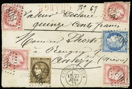 N°32, 3 pièces + 47 + 60 OBL GC 808 + T17 Cercy-la-Tour (1872) sur lettre chargée (VD 500F), bel AFF tricolore Empire Cauré - Bordeaux - Cérès.