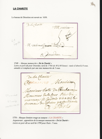 La Charité : 9 plis avec marques postales de La Charité dont L1 manuscrite (1749 - ind 14), L3 rouge (1770), L4 noir (1789) et rouge (1790), "P 56 P La Charité" (noir 1795 - ind 12 et rouge 1808-  ind 13). TB