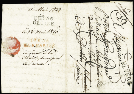 Lettre de Nevers (1820) avec au verso MP rouge "Deb 56 La Charité" et MP noire "Deb 56 Decize", ind 23 et ind 20. RR et TB