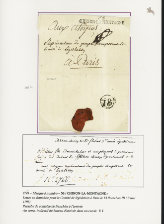 Nom révolutionnaire : "56 Chinon le Montagne" (1795 - ind 20) + decret de la convention nationale changeant le nom de Château Chinon en Chinon la Montagne. TB