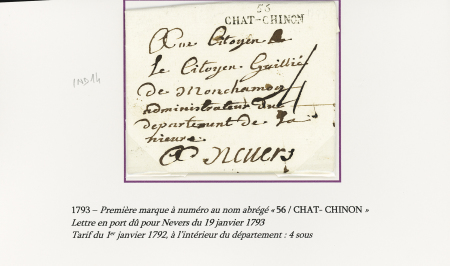 4 MP dont "56 Chat-Chinon" (1793 - ind 14) et MP "56 Château-Chinon" + griffe noire "chargé n°69". TB