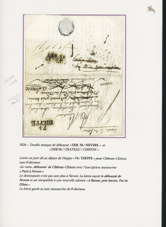 Lettre avec MP "74 Dieppe" pour la Nièvre réexpédiée à Château-Chinon avec au verso MP "Deb 56 Nevers" et "Deb 56 Château-Chinon". Association rare