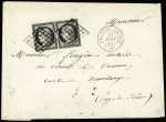 N°3 en paire OBL grille + T15 Château-Chinon (1849) sur enveloppe (rare à cette époque) du 2ème échelon de poids, ind 15+. TB