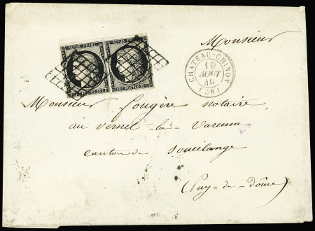 N°3 en paire OBL grille + T15 Château-Chinon (1849) sur enveloppe (rare à cette époque) du 2ème échelon de poids, ind 15+. TB