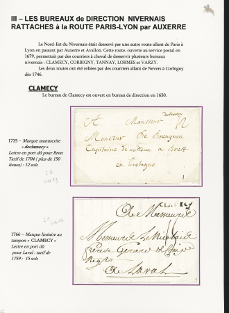 Clamecy : 6 MP dont manuscrite "Declamecy" (L2 - 1735 - ind 19), L n°1 (1766 - ind 17), "P 66 P Clamecy" (1799 et 1801 - ind 14 chaque). TB