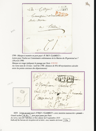 Clamecy : 6 MP dont manuscrite "Declamecy" (L2 - 1735 - ind 19), L n°1 (1766 - ind 17), "P 66 P Clamecy" (1799 et 1801 - ind 14 chaque). TB