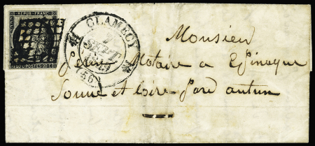 N°3 OBL grille + CAD à demi-fleurons type 12 de Clamecy (7 sept 1849) sur lettre, ind 25, RR et TB
