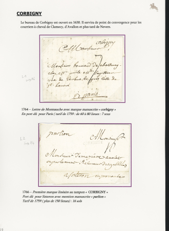 Corbigny : 4 plis avec MP manuscrite "Corbigny" (L1  - ind 16 - 1764), MP "Corbigny" au tampon (L2 ind 14), "P 26 P Corbigny" (1822 - ind 13) et "Deb 36 Corbigny" (1826 - ind 20)