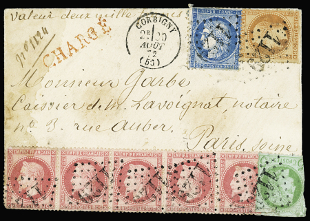 N°32, bande de 5 + 31 + 60 + 53 (2 pièces def dont une collée au verso OBL GC 1129 + T16 Corbigny (1872) sur lettre chargée (VD 2000F), bon AFF