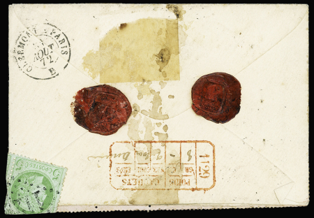 N°32, bande de 5 + 31 + 60 + 53 (2 pièces def dont une collée au verso OBL GC 1129 + T16 Corbigny (1872) sur lettre chargée (VD 2000F), bon AFF