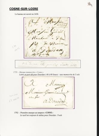 Cosne sur Loire : 7 MP dont L N°1A manuscrite (1733 - ind 16), L2 (1752 - ind 17), L7 (1790 - ind 17), "P 56 P Cosne" (1829 - ind 13), "Deb 56 Cosne" (1816 - ind 20). Bel ensemble rare