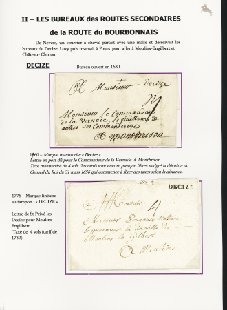 Decize : 7 lettres avec MP de Decize dont L n°1 (1760 - ind 12 - manuscrite), L2 (1776 - ind 11), 56 De'cise en rouge pour l'Allemagne avec au verso petite MP "Deb de Strasbg" (ind 19 - 1809), MP "P 56 P Decise" (1808 ro