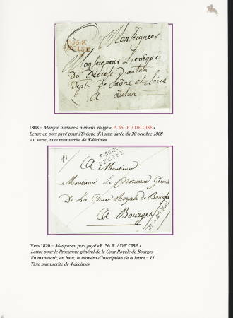 Decize : 7 lettres avec MP de Decize dont L n°1 (1760 - ind 12 - manuscrite), L2 (1776 - ind 11), 56 De'cise en rouge pour l'Allemagne avec au verso petite MP "Deb de Strasbg" (ind 19 - 1809), MP "P 56 P Decise" (1808 ro