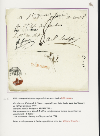 Circulaire du ministère de la guerre pour St Saulge (1797) avec au verso MP rouge "Deb. Decise", ind 23, RR et TB