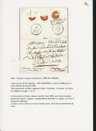 Lettre avec MP "58 Chantilly" pour le château de La Celle (Nièvre) avec au verso jolie MP "Deb 56 Decize" (1826 - ind 20). TB