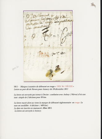 Lettre de Nevers pour Annecy avec au verso MP rouge "Deb 56 Decize" (1811 - ind 20). TB