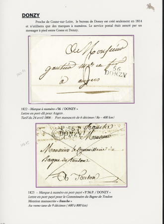 Donzy : 2 lettres avec MP "56 Donzy" (1822 - ind 10) et "P 56 P Donzy" (1825 - ind 15). TB