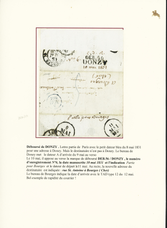 Lettre de Paris pour Donzy avec MP "Deb 56 Donzy" et mention manuscrite "partie pour Bourges", ind 20. TB