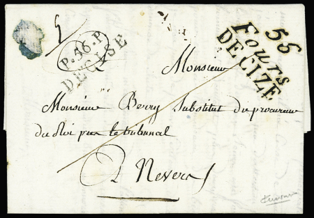 Lettre avec cursive "56 Fours Decize" + MP "P 56 P Decise" belle association, frappes superbes, ind 18+