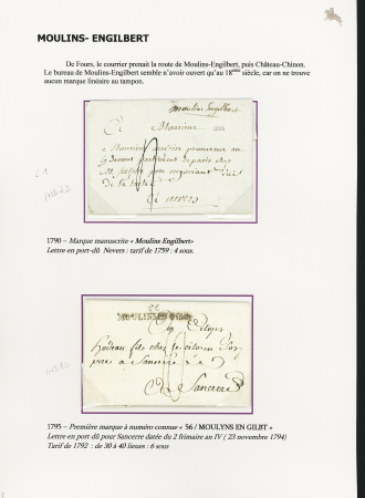 Moulins Engilbert : 6 MP : "Moulins Engilbert" (1790 manuscrit), "56 Moulins en Gilbt" (1795 - ind 12 - 2 pièces), grande MP rouge "56 Moulins-en-G" (1797 - ind 16), "P 56 P Moulins en Gilbt" (1795, ind 17), 'P 56 P Moul