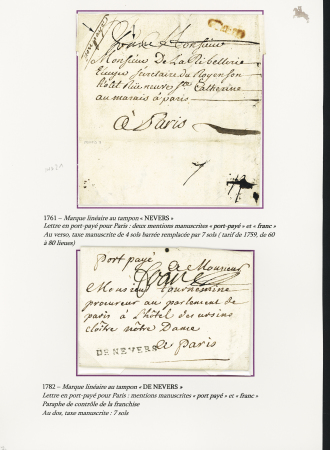 Nevers : 4 MP : "Nevers" rouge + "Port Payé" manuscrit (ind 21 - 1761) - "de Nevers" (1782) - "56 Nevers" (1795 - 2 diff). TB