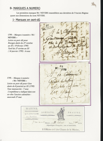 Nevers : 4 MP : "Nevers" rouge + "Port Payé" manuscrit (ind 21 - 1761) - "de Nevers" (1782) - "56 Nevers" (1795 - 2 diff). TB