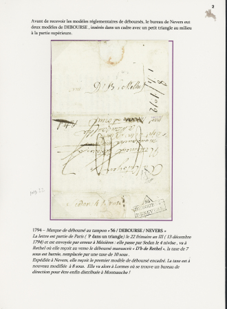 Lettre de Paris (1794) avec au verso marque manuscrite "Db de Rethel" et marque encadrée en forme de trapèze "56 déboursé de Nevers". Rare et TB, ind 22