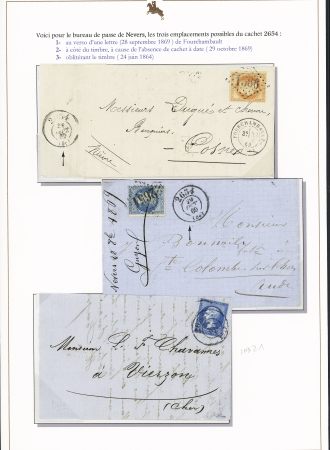 N°22 OBL bureau de passe 2654 (1854), n°29 OBL GC 2654 + bureau de passe 2654 (1869) et n°31 OBL GC 1566 + T17 Fourchambault (1869) + bureau de passe 2654 sur 3 lettres. Rare et TB
