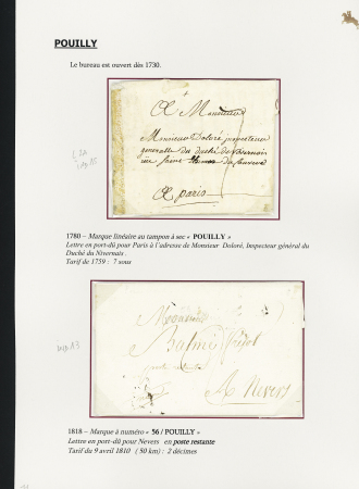 Pouilly : 3 lettres : MP à sec "Pouilly" (1780 - L2A - ind 15), MP "56 Pouilly" sur lettre pour Nevers en poste restante (1818, ind 13) et lettre avec marque manuscrite "Deb de Pouilly sur Loire" (1807 - ind 20). TB