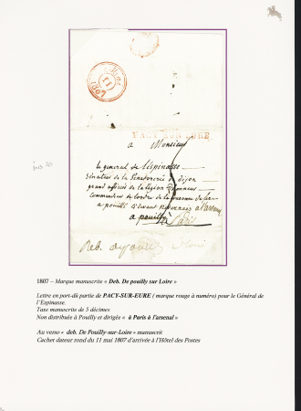 Pouilly : 3 lettres : MP à sec "Pouilly" (1780 - L2A - ind 15), MP "56 Pouilly" sur lettre pour Nevers en poste restante (1818, ind 13) et lettre avec marque manuscrite "Deb de Pouilly sur Loire" (1807 - ind 20). TB