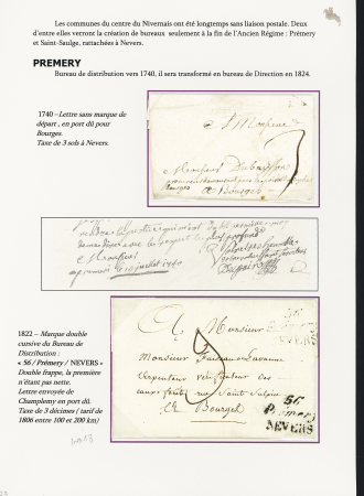 3 plis : lettre sans marque avec taxe manuscrite de 3 sols de Nevers - double cursive "56 Prémery Nevers" (1822 - ind 18) et MP "56 Premery" (1824 - ind 12). TB