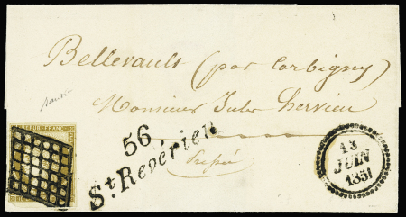 N°1 OBL grille + cursive "56 St Revérien" + dateur B sur lettre, ind 25+. RR et TB