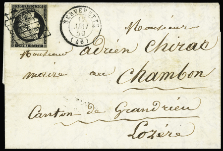 N°3 OBL grille + T15 "Serverette (46)" (1850) sur lettre, ind 21. TB
