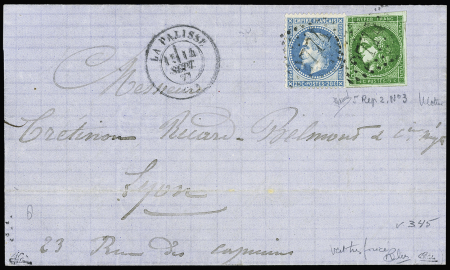 N°29 + 42 nuance vert très foncé OBL GC 2774 + T17 "La Palisse (3)" (14 sept 1871) sur lettre, signé Calves pour la nuance. TB