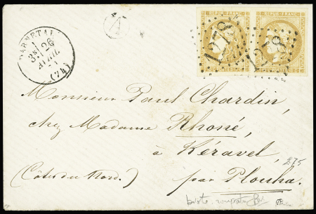 N°43B 10c bistre rougeâtre en paire OBL GC 1278 + T16