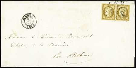 N°1 10c bistre-jaune en paire OBL PC 3222 + T15 St