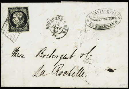 N°3 OBL grille + T15 Boulogne-s-Mer (14 janv  49 - 1ère date connue de la grille dans le Pas de Calais) sur lettre de Sunderland (GB) pour La Rochelle acheminée par transport privé jusqu'à Boulogne sur Mer. RR et TB