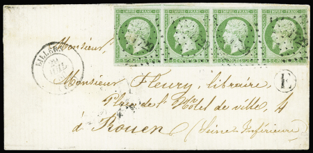 N°12 5c vert, bande de 4 OBL PC 1729 + T15 "Lillers (61)" (1860) + boite rurale "E" sur lettre. TB